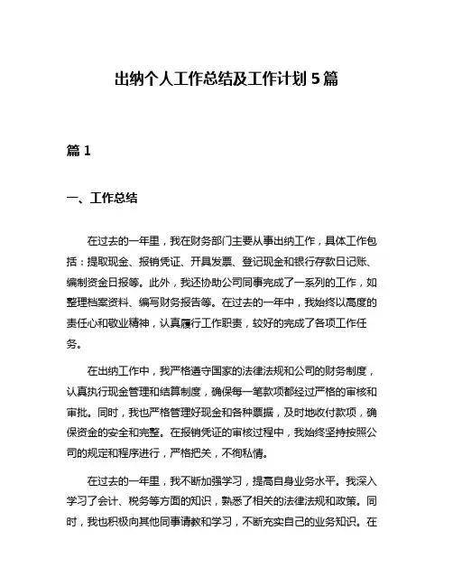 出纳个人工作总结及工作计划5篇