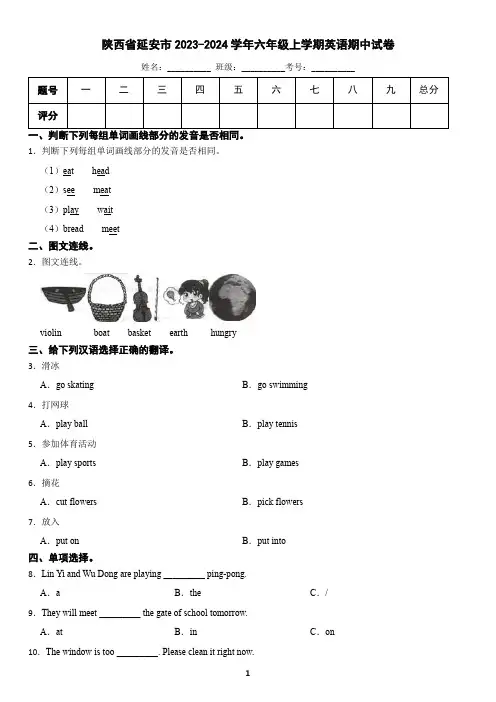 陕西省延安市2023-2024学年六年级上学期英语期中试卷(含答案)