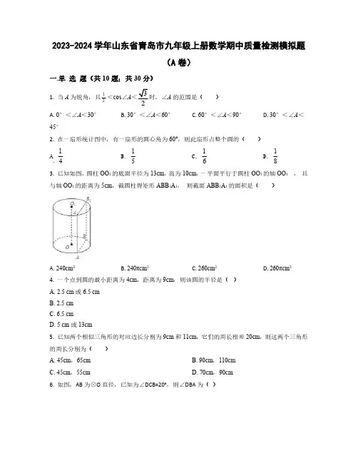 2023-2024学年山东省青岛市九年级上学期数学期中质量检测模拟题合集2套(含解析)