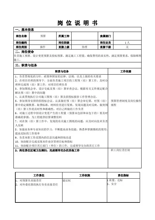 造价员岗位说明书