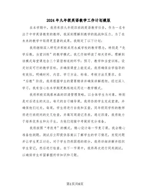 2024年九年级英语教学工作计划模版（3篇）