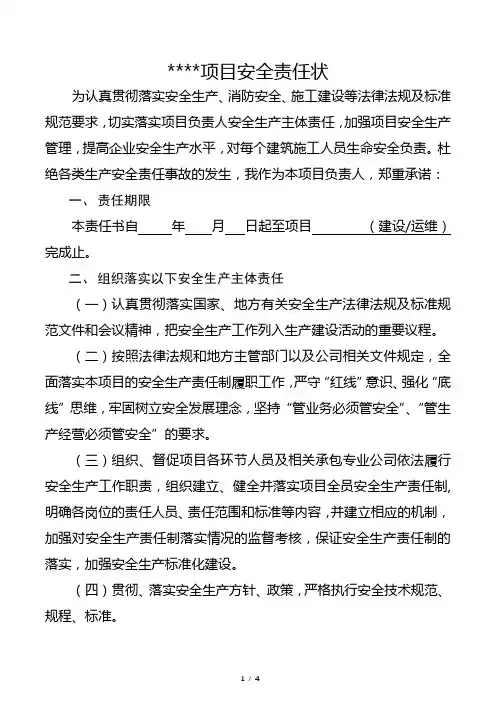 项目负责人项目安全生产责任状