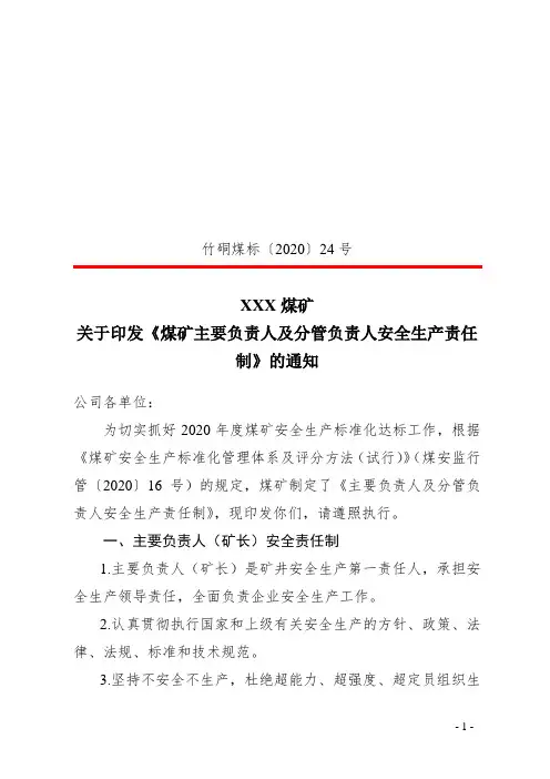 关于印发《煤矿主要负责人及分管负责人安全生产责任制》的通知(7.2=24)