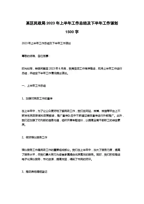 某区民政局2023年上半年工作总结及下半年工作谋划