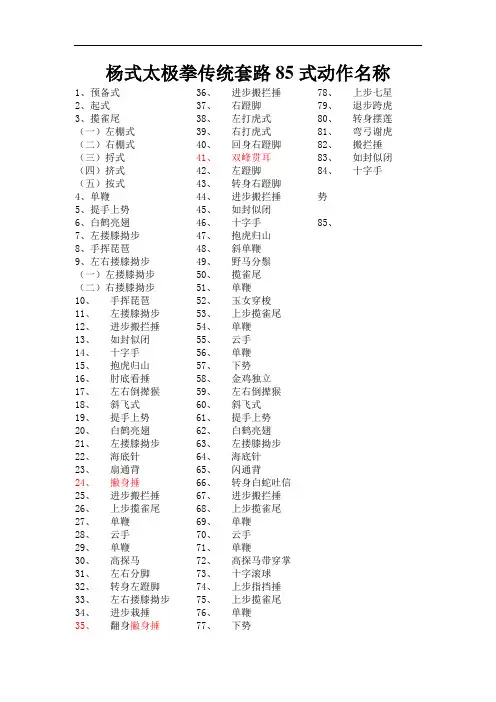 杨式太极拳传统套路85式动作名称