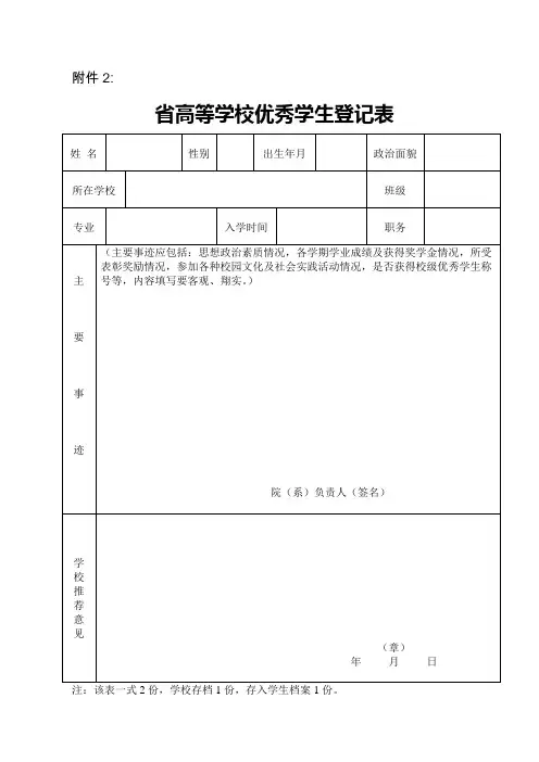山东省优秀学生、优秀学生干部、优秀班集体的登记表