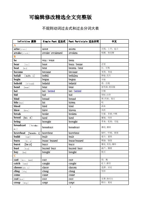 不规则动词过去式和过去分词表(含音标及中文)精选全文完整版