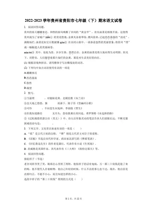 2022-2023学年贵州省贵阳市七年级(下)期末语文试卷(含答案解析)