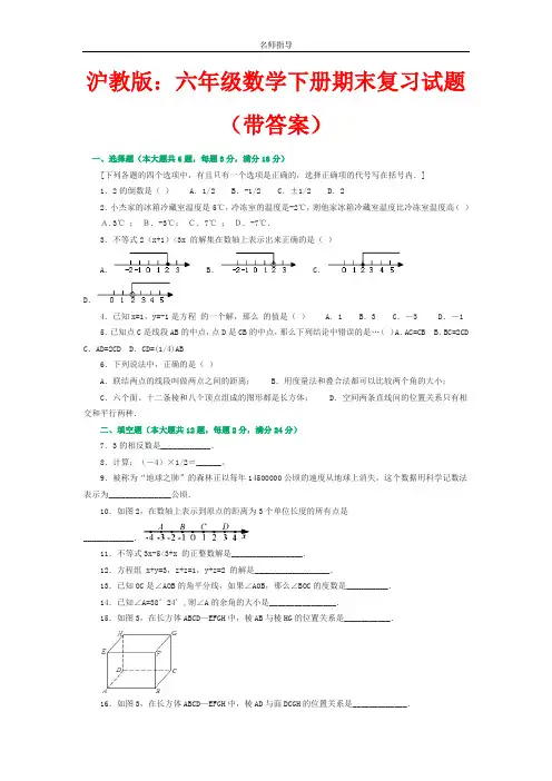 【小升初数学毕业考试】2020年沪教版小学数学六年级下册期末测试题6.doc