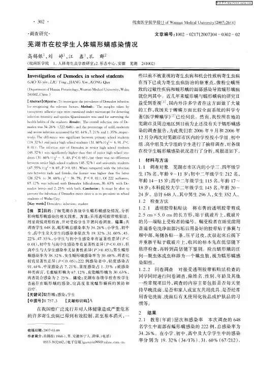 芜湖市在校学生人体蠕形螨感染情况