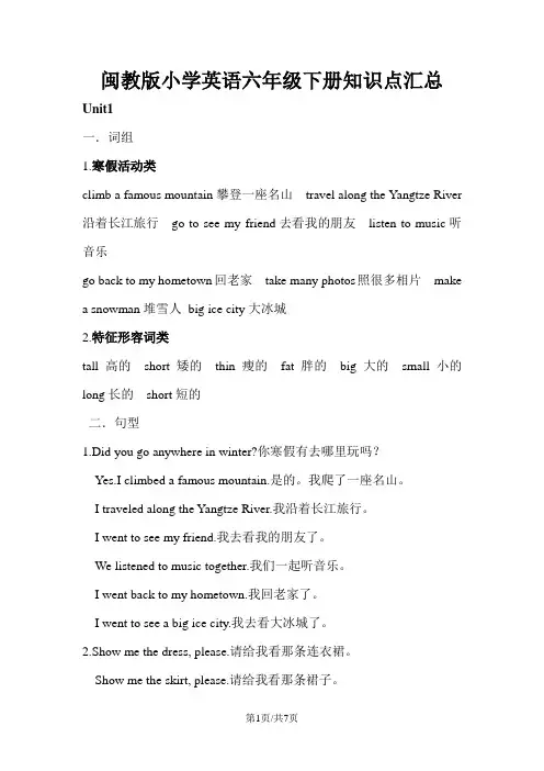 六年级下册英语素材知识点汇总 闽教版