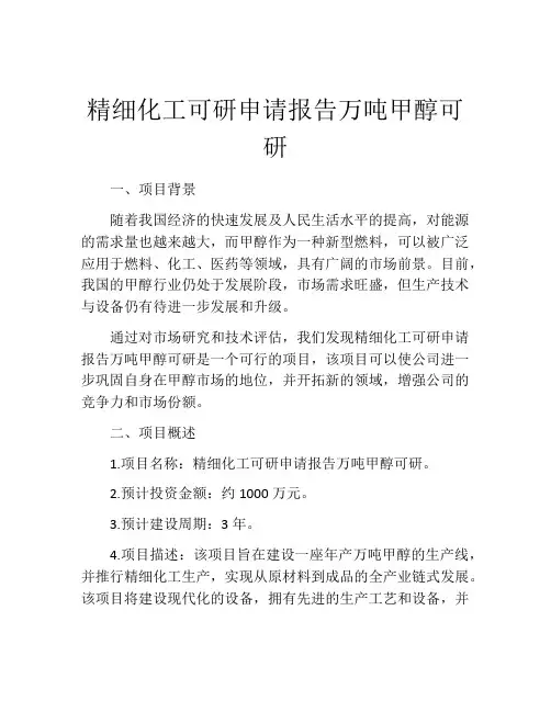 精细化工可研申请报告万吨甲醇可研