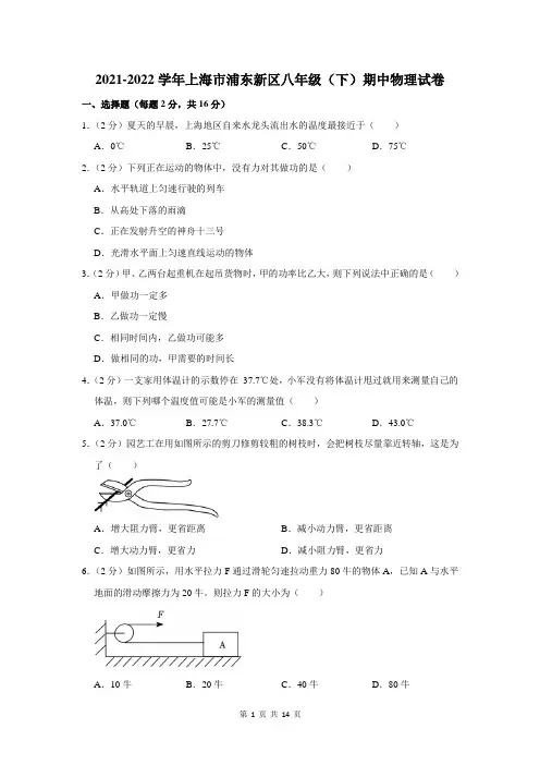 2021-2022学年上海市浦东新区八年级(下)期中物理试卷