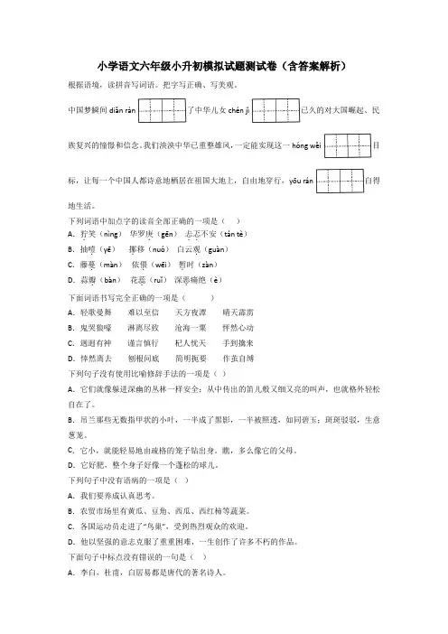 小学语文六年级小升初模拟试题测试卷(含答案解析)