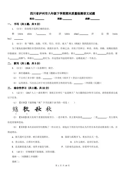 四川省泸州市八年级下学期期末质量检测语文试题