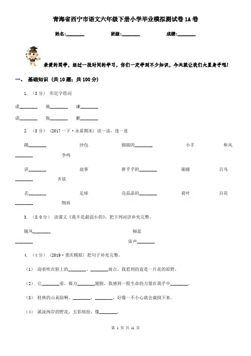 青海省西宁市语文六年级下册小学毕业模拟测试卷1A卷