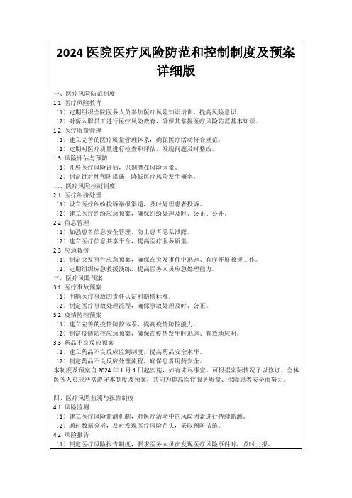 2024医院医疗风险防范和控制制度及预案详细版