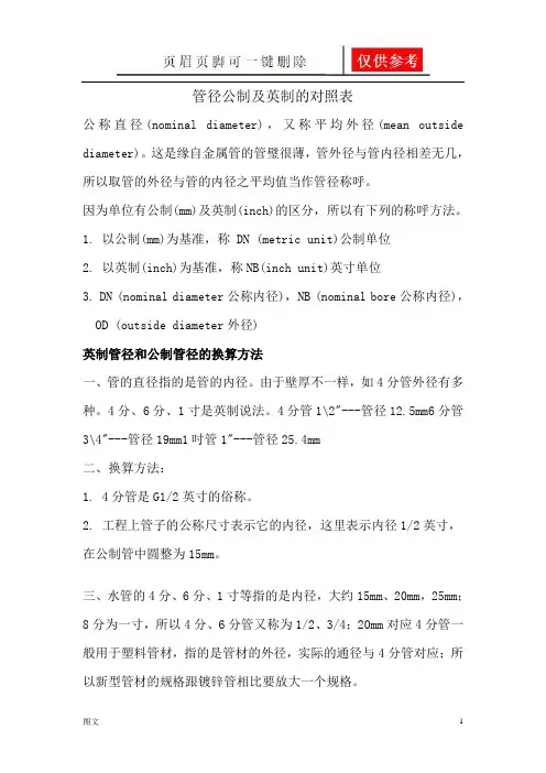 管径公制及英制的对照表(图文参照)