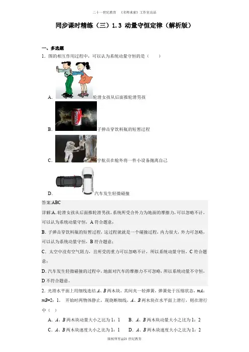 同步课时精练(三)1.3动量守恒定律(解析版)