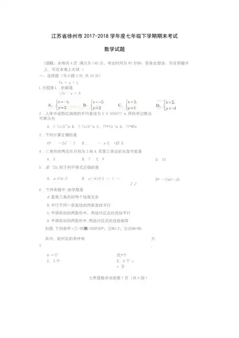 徐州市2017-2018学年七年级下学期期末试题及答案