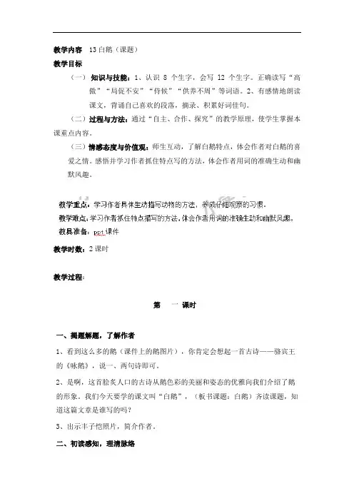 四年级上册语文教案-13白鹅-人教新课标