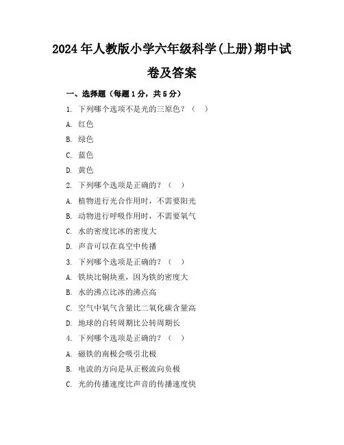 2024年人教版小学六年级科学(上册)期中试卷及答案