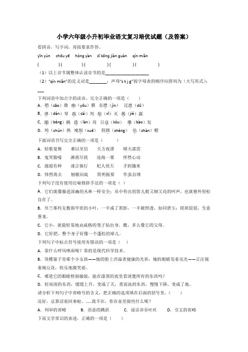 小学六年级小升初毕业语文复习培优试题(及答案)