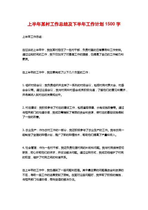 上半年某村工作总结及下半年工作计划