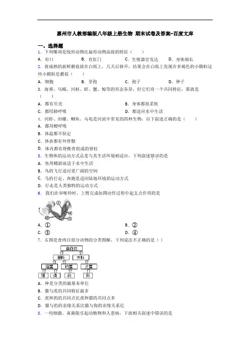 惠州市人教部编版八年级上册生物 期末试卷及答案-百度文库