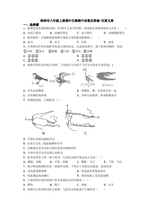 株洲市八年级上册期中生物期中试卷及答案-百度文库