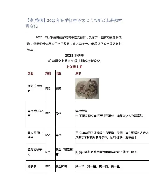 2022年秋季初中语文七八九年级上册教材新变化