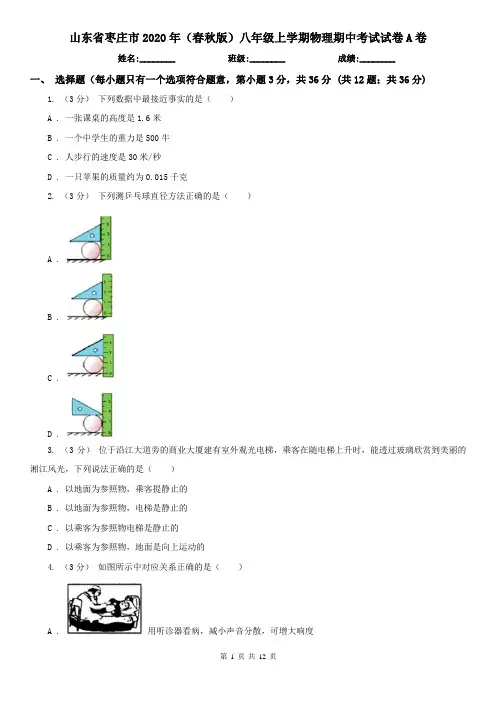 山东省枣庄市2020年(春秋版)八年级上学期物理期中考试试卷A卷