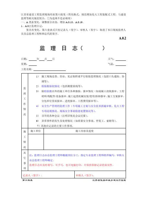 江苏省建设工程监理现场用表(第六版) 与第五版区别
