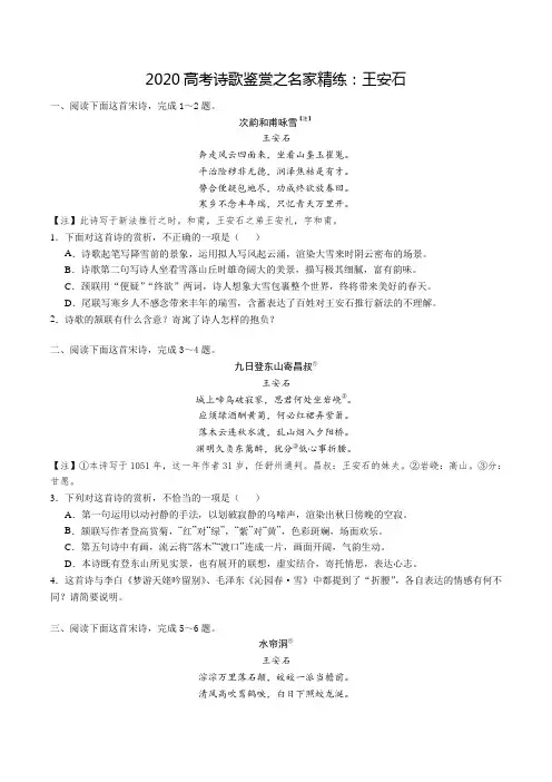 2020高考诗歌鉴赏之名家精练：王安石