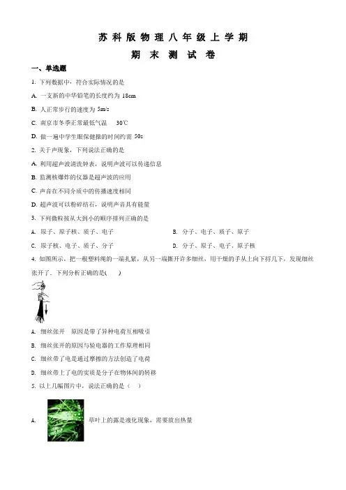 苏科版八年级上册物理《期末检测试卷》附答案解析