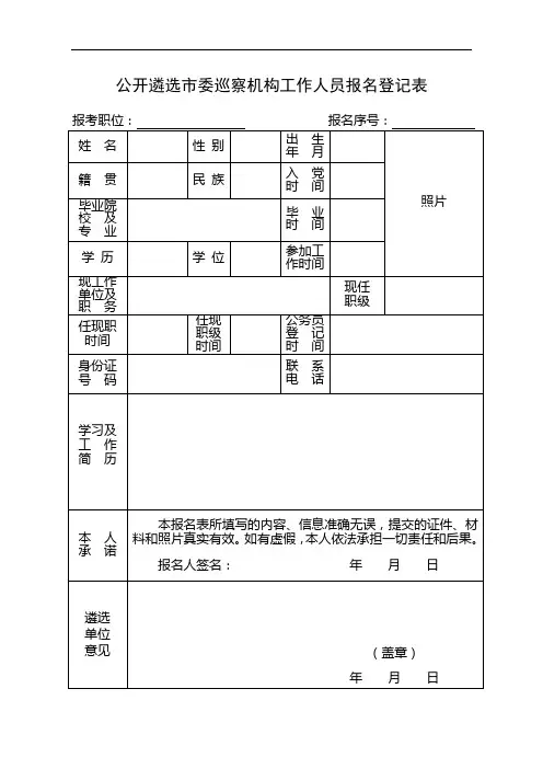 公开遴选市委巡察机构工作人员报名登记表