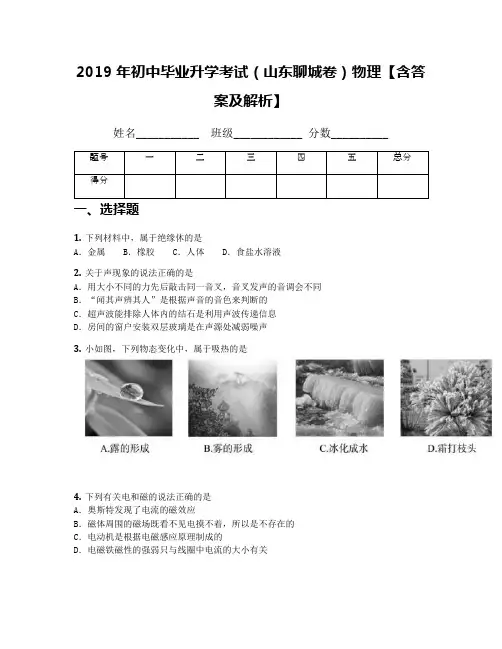 2019年初中毕业升学考试(山东聊城卷)物理【含答案及解析】