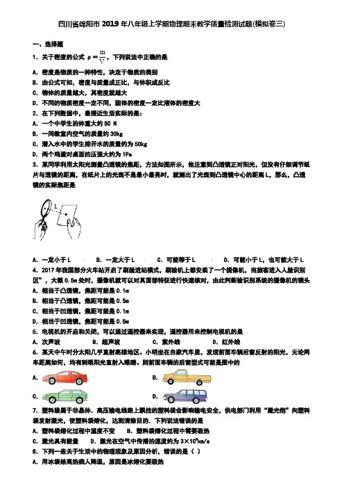 四川省绵阳市2019年八年级上学期物理期末教学质量检测试题(模拟卷三)