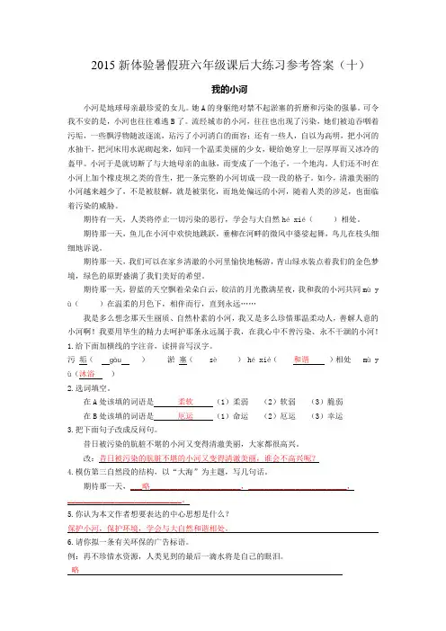 2015新体验暑假班六年级课后大练习参考答案(十)