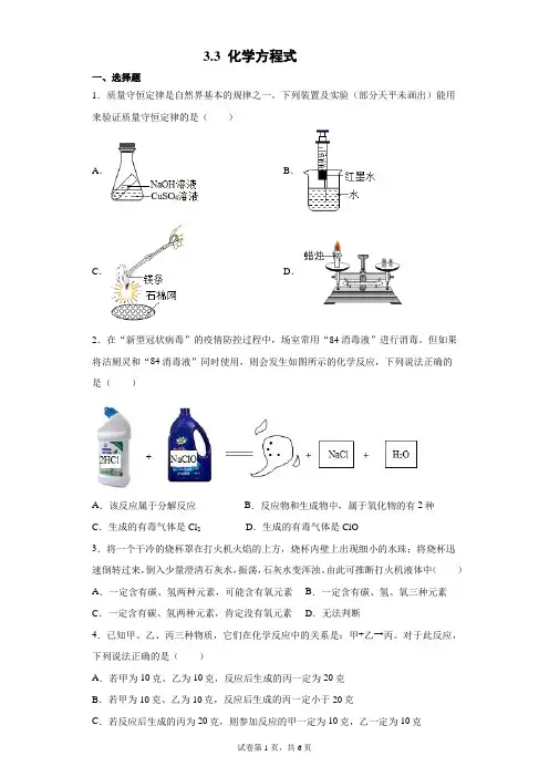3.3 化学方程式 同步练习题--浙江省温州市英才学校2021—2022学年浙教版科学八年级下学期