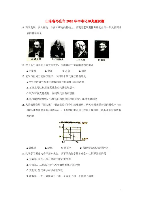 山东省枣庄市2018年中考化学真题试题(含答案)