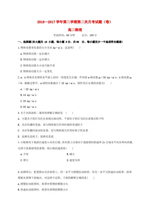 陕西省咸阳市2016-2017学年高二物理下学期第二次月考试题