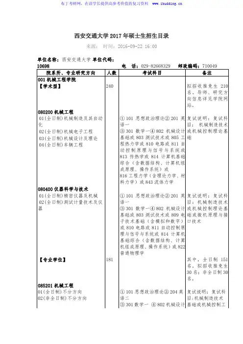 西安交通大学2017年硕士生招生目录