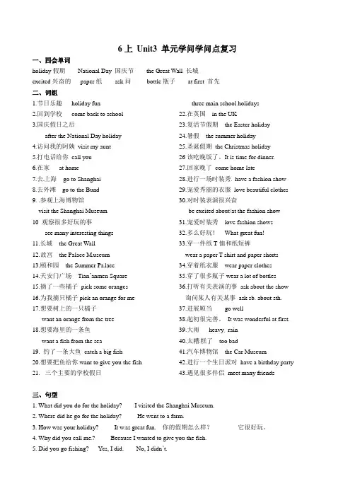 译林版(三起)六年级英语上册Unit 3 Holiday fun单元知识知识点复习