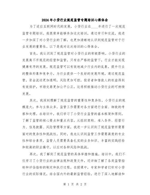 2024年小贷行业规范监管专题培训心得体会