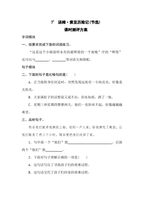 部编版六年级语文下册  7《汤姆索亚历险记》同步练习题含答案