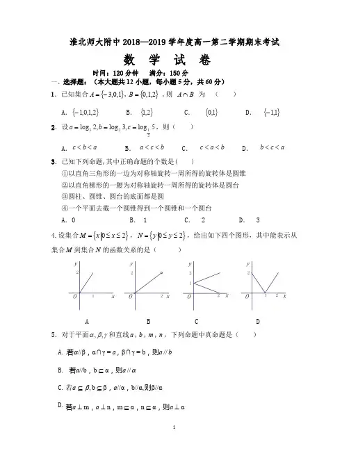 安徽省淮北师范大学附属实验中学2018-2019学年高一下学期期末考试数学试题(pdf版,无答案)