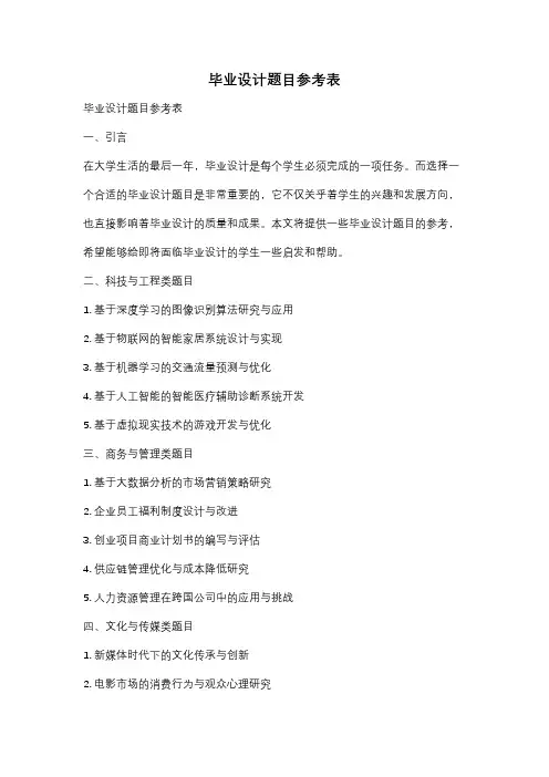 毕业设计题目参考表