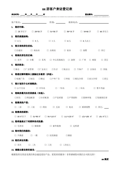 销售部客户来访登记表