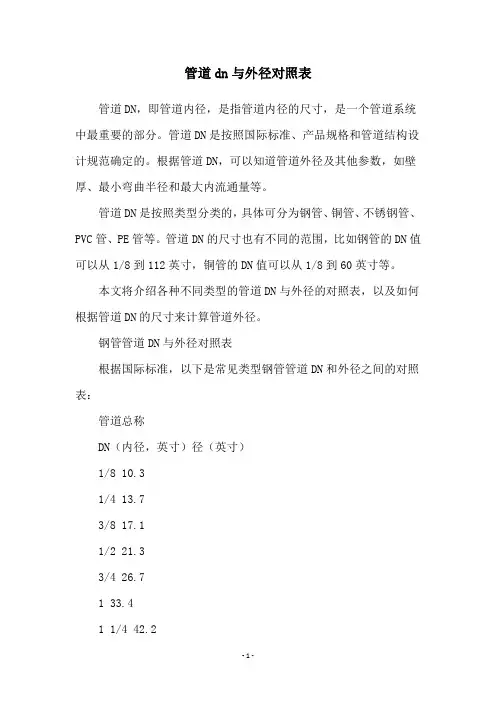 管道dn与外径对照表